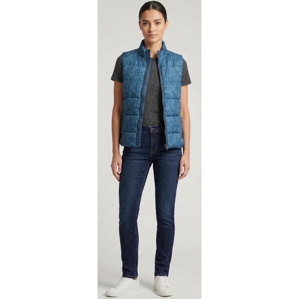 Calvin Klein Jeans Teal Blue Logo Print Quilted Puffer Winter Vest Size 6